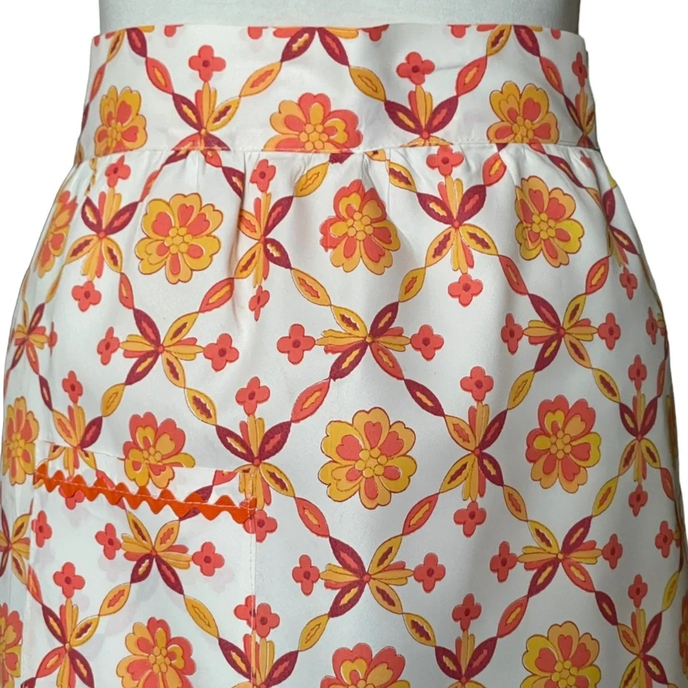 Hand Crafted Hostess Apron MCM White with Autumn Colors Geometric Floral Vintage